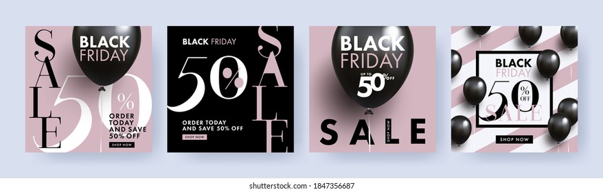 Black Friday Sale banner, poster, cover set in black and pink colors with realistic helium balloons and modern typography. Trendy minimalist templates for advertising, social and fashion ads, web