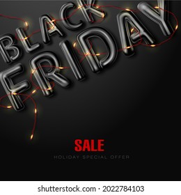 Black Friday. Sale. Banner, poster, logo black color with LED garland on dark background. Vector illustration.