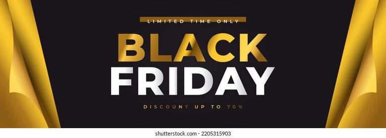 Black Friday Sale Banner or Poster with Gold Open Gift Wrap Paper. Advertising Banner Design for Black Friday Campaign