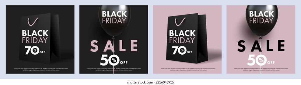 Black Friday Sale banner, poster, cover set in black and pink colors with realistic helium balloons, black shopping bag and modern typography.  Template for print, advertising, social and fashion ads