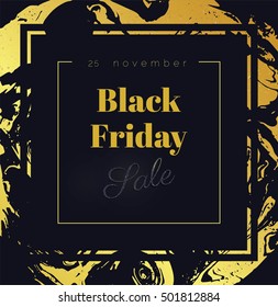 Black friday sale banner. Poster with golden marble texture and sparkles.  Vector background in elegant style.  Vector illustration.