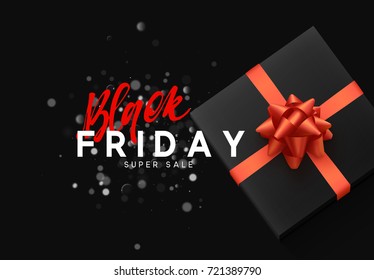 Black Friday sale, banner, poster advert. Card offert promotion design. Background lights bokeh and black gift box with red bow.