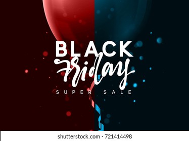 Black Friday sale, banner, poster advert. Card offert promotion design. Background lights bokeh, red and blue air balloon