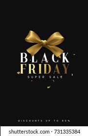 Black Friday sale, banner, poster, logo. Luxury gold and white text. Background golden ribbon bow.