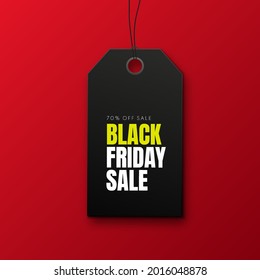 Cartel de la venta del viernes negro con una etiqueta de precio negro aislada en un fondo rojo. Banner publicitario de vectores