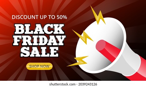 Black Friday sale banner with promo loud speaker illustration