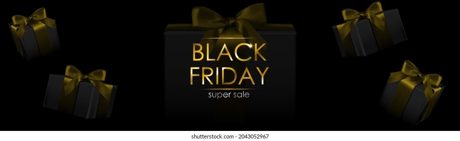 
Black Friday Sale Black Banner Promo Vector with golden gift boxes and golden letters on black background