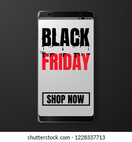 Black friday sale Banner Promotion Poster with black flowing paint on red friday text realistic.  Promotion and shopping template for Black Friday with Button shop now. On 3d smartphone banner message