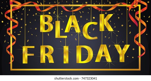 Black Friday sale banner. Promotional card. Poster with gold inscription, frame and red spiral ribbon on black background. Vector illustration.