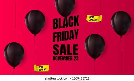 Black Friday Sale banner Realistic with Black Balloons on Pink Backgoround with Yellow Sticker. Vector Illustration design marketing 