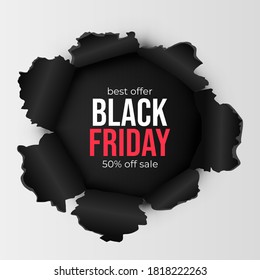 Black Friday sale banner in the realistic torn paper design. Black detailed paper hole. Winter sale. Vector illustration