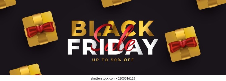 Black Friday Sale Banner with Realistic Gold Gift Boxes on Black Background. Advertising and Promotion Banner Design for Black Friday Campaign