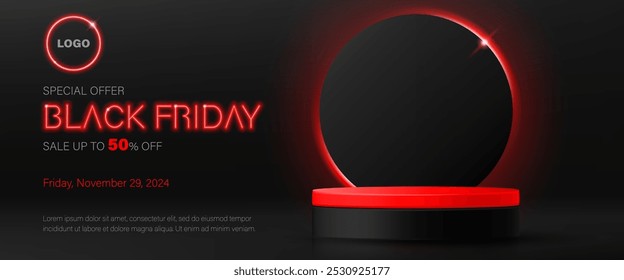 Anuncio de rebajas del Black Friday. Podio realista de la etapa de la exhibición del producto del Vector 3d. Anillo rojo de fondo de luz de neón. Oferta especial mega Plantilla, descuento de promoción, compras en línea, publicidad, redes sociales