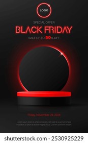 Anuncio de rebajas del Black Friday. Podio realista de la etapa de la exhibición del producto del Vector 3d. Anillo rojo de fondo de luz de neón. Oferta especial mega Plantilla, descuento de promoción, compras en línea, publicidad, redes sociales