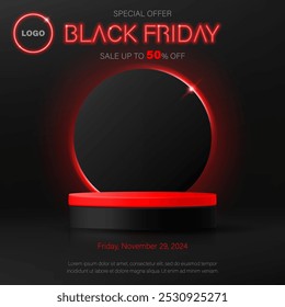 Anuncio de rebajas del Black Friday. Podio realista de la etapa de la exhibición del producto del Vector 3d. Anillo rojo de fondo de luz de neón. Oferta especial mega Plantilla, descuento de promoción, compras en línea, publicidad, redes sociales