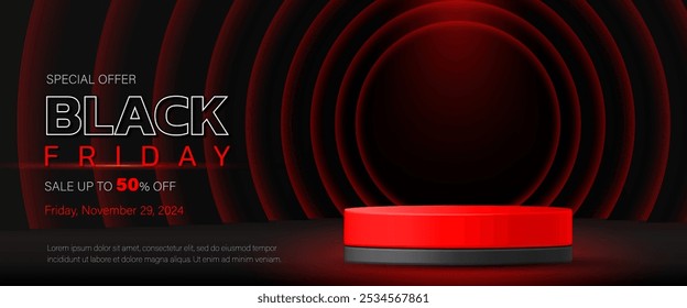 Black Friday Sale banner. Realistic 3d vector product display stage podium. Red ring neon light background. Special offer mega template, promotion discount, online shopping, advertising, social media