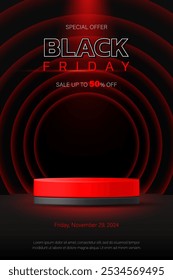 Black Friday Sale banner. Realistic 3d vector product display stage podium. Red ring neon light background. Special offer mega template, promotion discount, online shopping, advertising, social media