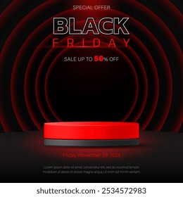 Anuncio de rebajas del Black Friday. Podio realista de la etapa de la exhibición del producto del Vector 3d. Anillo rojo de fondo de luz de neón. Oferta especial mega Plantilla, descuento de promoción, compras en línea, publicidad, redes sociales