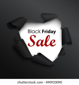 Black Friday sale banner in the realistic torn paper design. Black detailed paper hole. Winter sale. Vector illustration