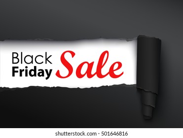 Black Friday sale banner in the realistic torn paper design. Black detailed paper scroll. Winter sale. Vector illustration