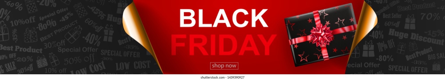 Black Friday sale banner in red, black and golden colors. Inscription and gift box on dark background. Curled paper corners. Vector illustration for posters, flyers, cards