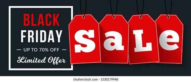 Black friday sale banner with red tags on black background with white frame, vector eps10 illustration