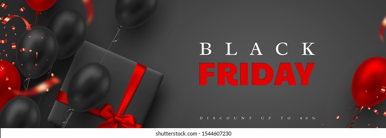 Black Friday sale banner. Red and black realistic glossy balloons, gift box and glitter confetti. Black background. Vector illustration.