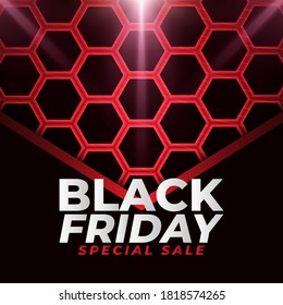 Black Friday sale banner with red hexagon background and glowing light