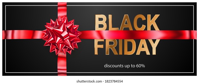 Black Friday sale banner with red bow and ribbons on dark background. Vector illustration for posters, flyers or cards.