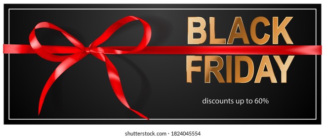 Black Friday sale banner with red bow and ribbons on dark background. Vector illustration for posters, flyers or cards.