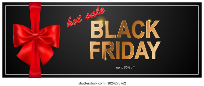 Black Friday sale banner with red bow and ribbons on dark background. Vector illustration for posters, flyers or cards.