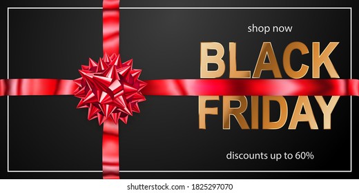 Black Friday sale banner with red bow and ribbons on dark background. Vector illustration for posters, flyers or cards.