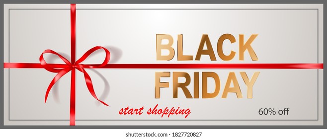 Black Friday sale banner with red bow and ribbons on white background. Vector illustration for posters, flyers or cards.