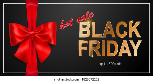 Black Friday sale banner with red bow and ribbons on dark background. Vector illustration for posters, flyers or cards.