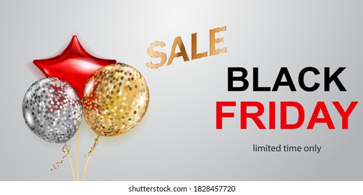 Black Friday sale banner with red, golden and silver balloons on white background. Vector illustration for posters, flyers or cards.