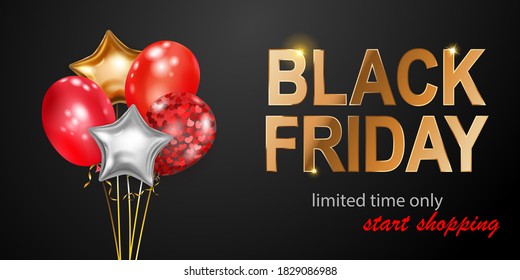 Black Friday sale banner with red, golden and silver balloons on dark background. Vector illustration for posters, flyers or cards.