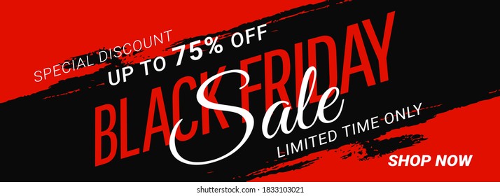 Black Friday sale banner Red ribbon with curved edges on black background. Sticker. Vector illustration.