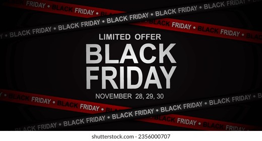 
Black friday sale banner with red ribbon and black ribbon for black friday sale on black background. Crossed ribbons. Big sale. Graphic elements. Vector illustration. eps 10