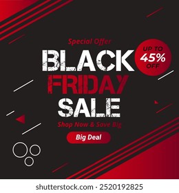 Black Friday Sale Banner em vermelho Preto cor com até 45% de desconto. Oferta especial. Ilustração vetorial. Compre agora e economize muito. Grande Negócio.