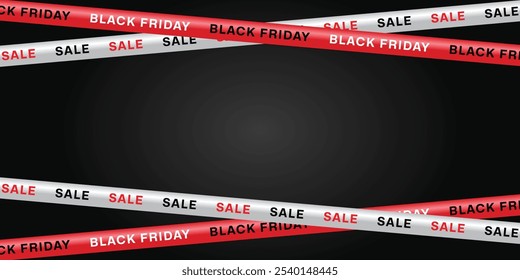 Black Friday sale banner with red and black crossed ribbons and tapes on a dark background. Sale, Offer, Graphic elements. Vector illustration