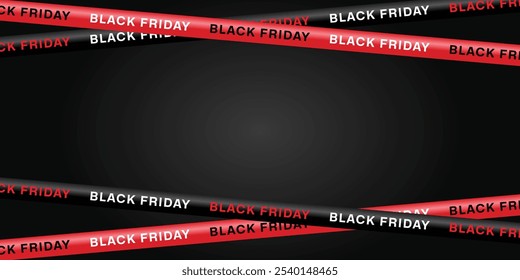 Black Friday sale banner with red and black crossed ribbons and tapes on a dark background. Sale, Offer, Graphic elements. Vector illustration