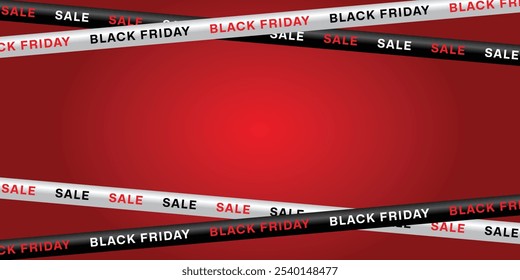 Black Friday sale banner with red and black crossed ribbons and tapes on a red background. Sale, Offer, Graphic elements. Vector illustration