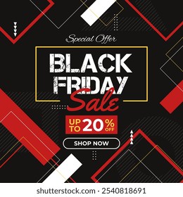 Black Friday Sale Banner in Red Black Background With Up to 20% off. Special Offer. Vector illustration. Shop Now. 20% Discount.