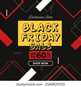 Black Friday Sale Banner em fundo preto vermelho com até 60% de desconto. Venda Exclusiva. Ilustração vetorial. Compre agora.