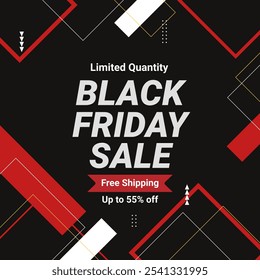 Black Friday Sale Banner in Red Black Background With Up to 55% off. Limited Quantity. Free Shipping. Vector illustration. Shop Now. 55% off.