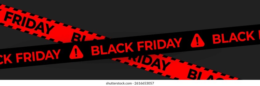 Black Friday Sale Banner With Red And Black Warning Tape On Dark Background. Perfect For Shopping Promotion, Discount Advertising, E-Commerce Marketing, And Retail Design. Vector Illustration.
