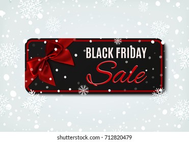 Black Friday sale banner with red ribbon and bow, on winter background with snow and snowflakes. Brochure, flyer or banner template.Vector illustration.
