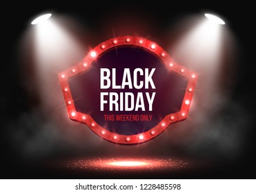 Black Friday Sale banner with retro billboard illuminated by spotlights. Vector illustration.