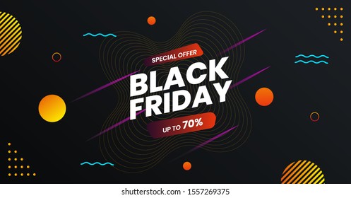 Black friday sale banner in retro style with memphis background. Poster design template