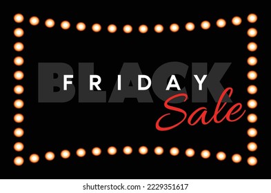  Black Friday Sale banner. Retro shiny lights. Modern minimal design with black and white typography. Template for promotion, advertising, web, social and fashion ads. Vector illustration.